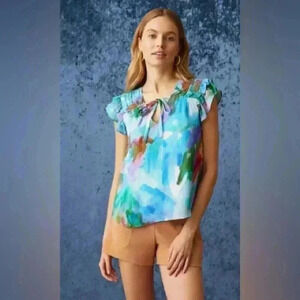 Marie Oliver Silk Blend Phoebe Blouse Watercolor Ruffled Womens Size Small